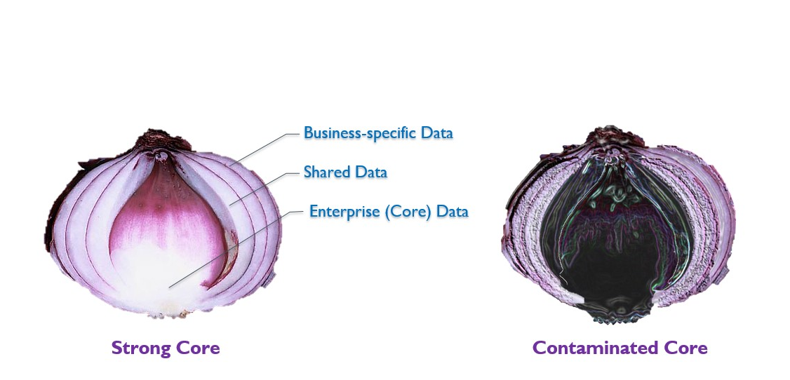 A comparison picture showing an onion with healthy core data vs. an onion with a contaminated core.