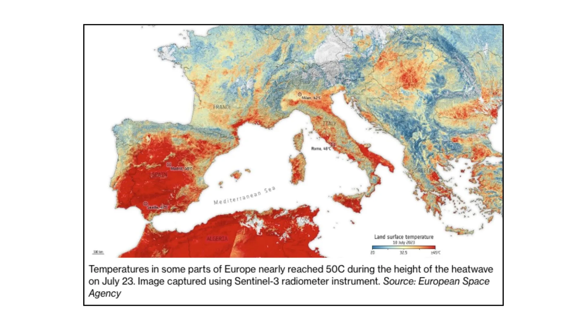Map of Europe showing that some countries reached nearly 50 degrees in Celsium during the heat wave on July 23, 2023. Source: European Space Agency